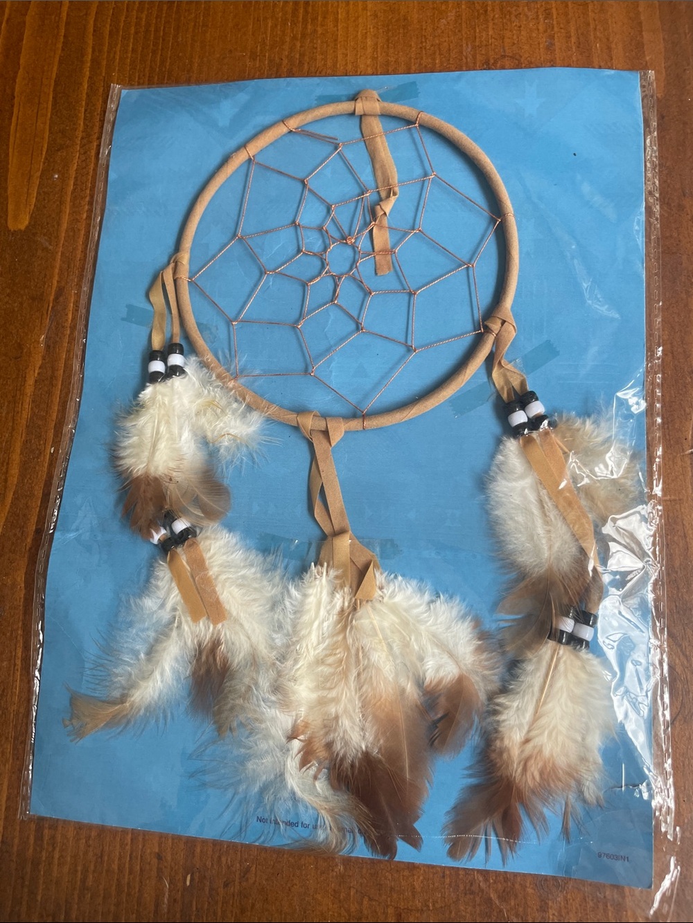 Handmade Tan Dreamcatcher with White & Brown Feathers